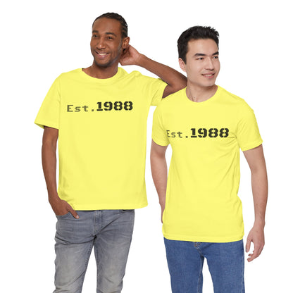 Printify retro logo T-shirt with "Est. 1988" design, classic fit and soft cotton fabric, casual style for everyday wear.