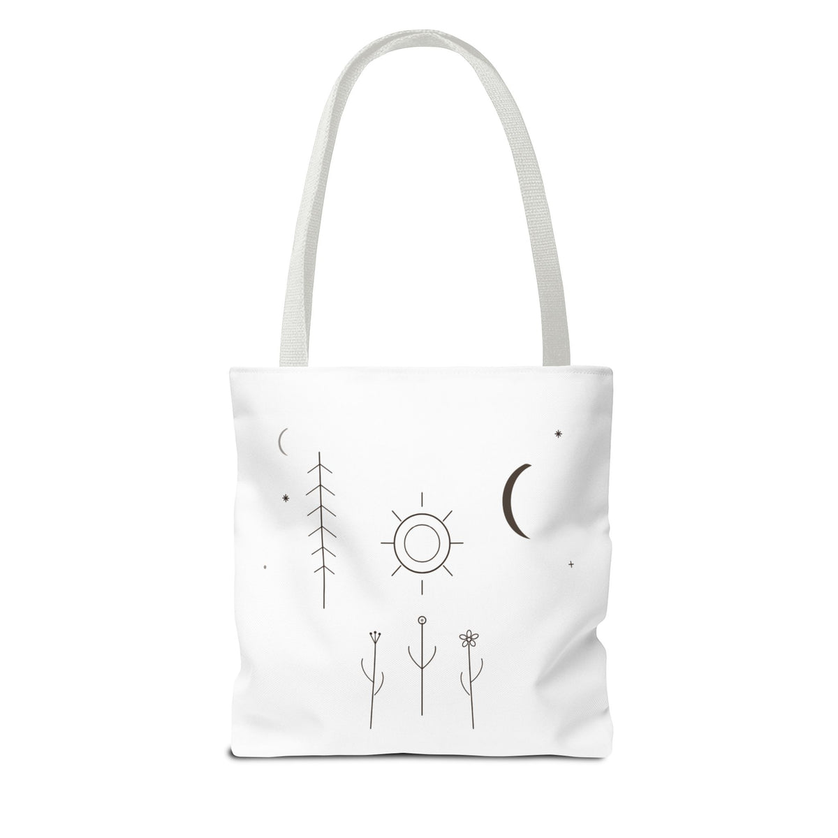 Minimal Moon and Sun botanical tote bag with celestial line art design, featuring printed botanical and celestial motifs.