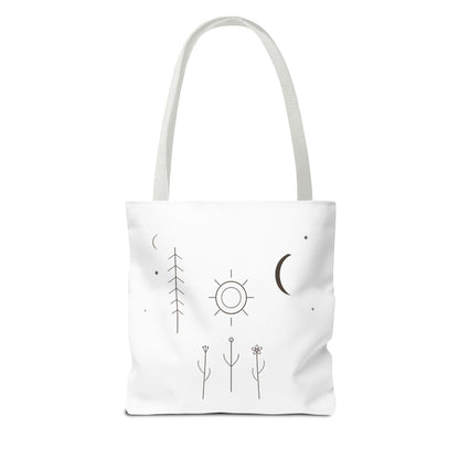 Minimal Moon and Sun botanical tote bag with celestial line art design, featuring printed botanical and celestial motifs.