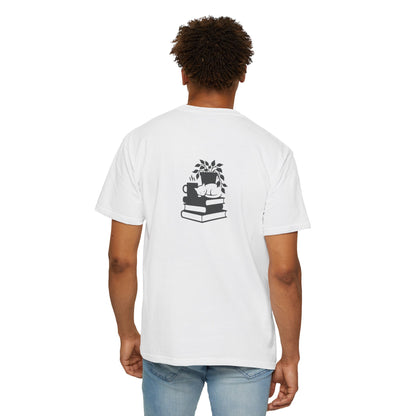 Cozy Cat on Books T-Shirt | Reading Tea Stack Illustration
