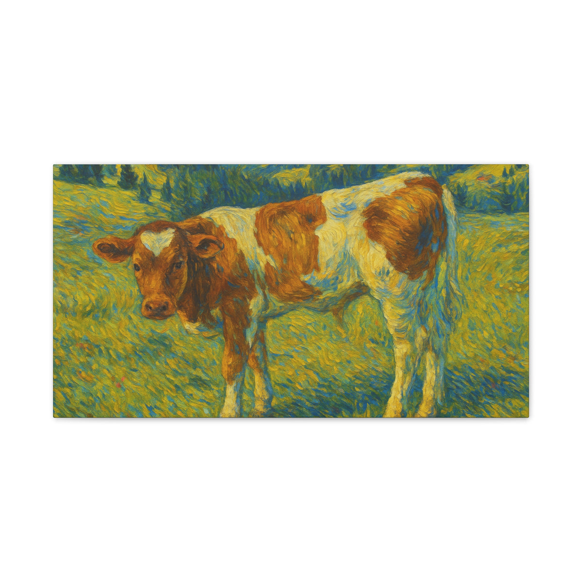 Canvas print of a cow in a meadow, rustic farmhouse wall art by Printify featuring a peaceful rural scene.