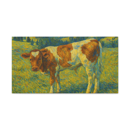Canvas print of a cow in a meadow, rustic farmhouse wall art by Printify featuring a peaceful rural scene.