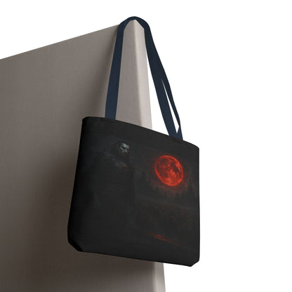 Gothic Dracula tote bag with moonlit vampire art, perfect for Halloween, by Printify. Durable fabric with spooky vampire design.