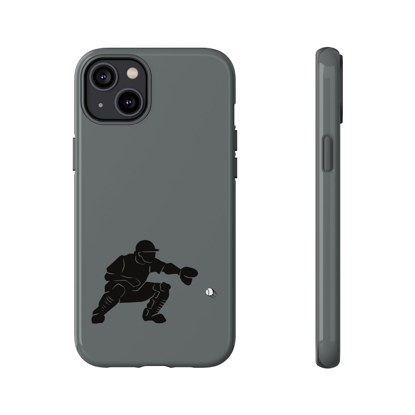 Printify baseball catcher phone case with tough, protective design fitting a smartphone, featuring a baseball catcher graphic.