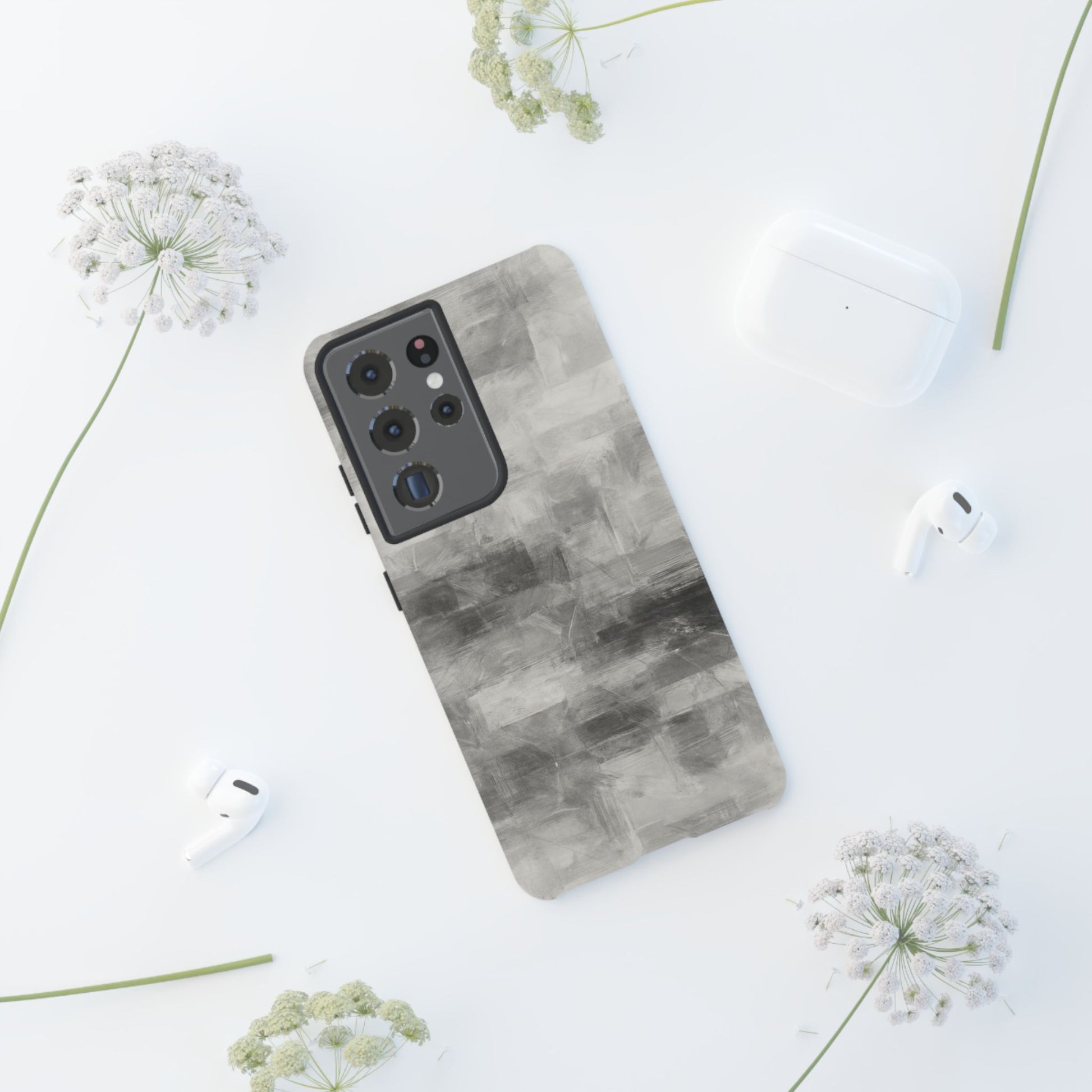 Abstract gray grid phone case by Printify, tough protective iPhone cover with geometric pattern on a white background.
