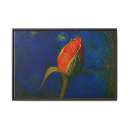 Red rose bud painting on canvas framed wall art by Printify, featuring a vibrant floral design with matte finish.