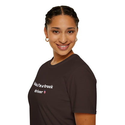 Pink heart graphic on funny "Relax, I'm a Truck Driver" T-shirt by Printify, casual trucker tee for men or women.