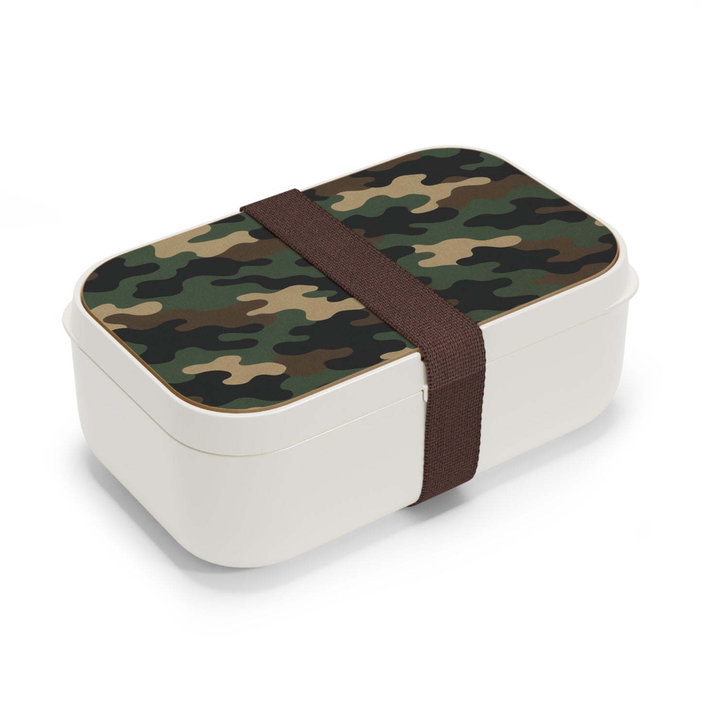 Military green camouflage Bento lunch box by Printify, a durable meal prep container with a camo design for easy carrying.