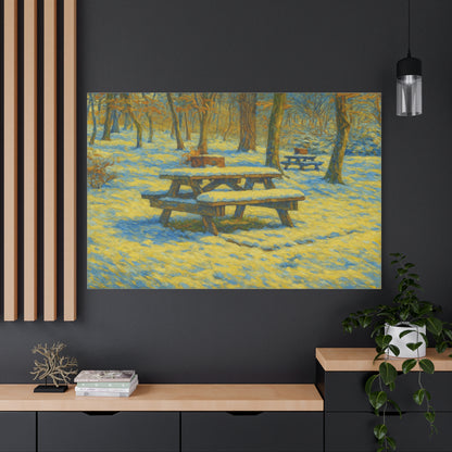 Winter picnic canvas print featuring a snow-covered park bench, wall art by Printify showcasing a serene outdoor scene.