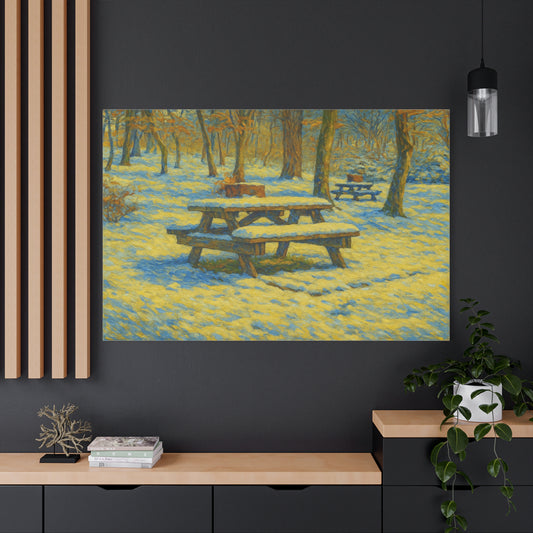 Winter picnic canvas print featuring a snow-covered park bench, wall art by Printify showcasing a serene outdoor scene.