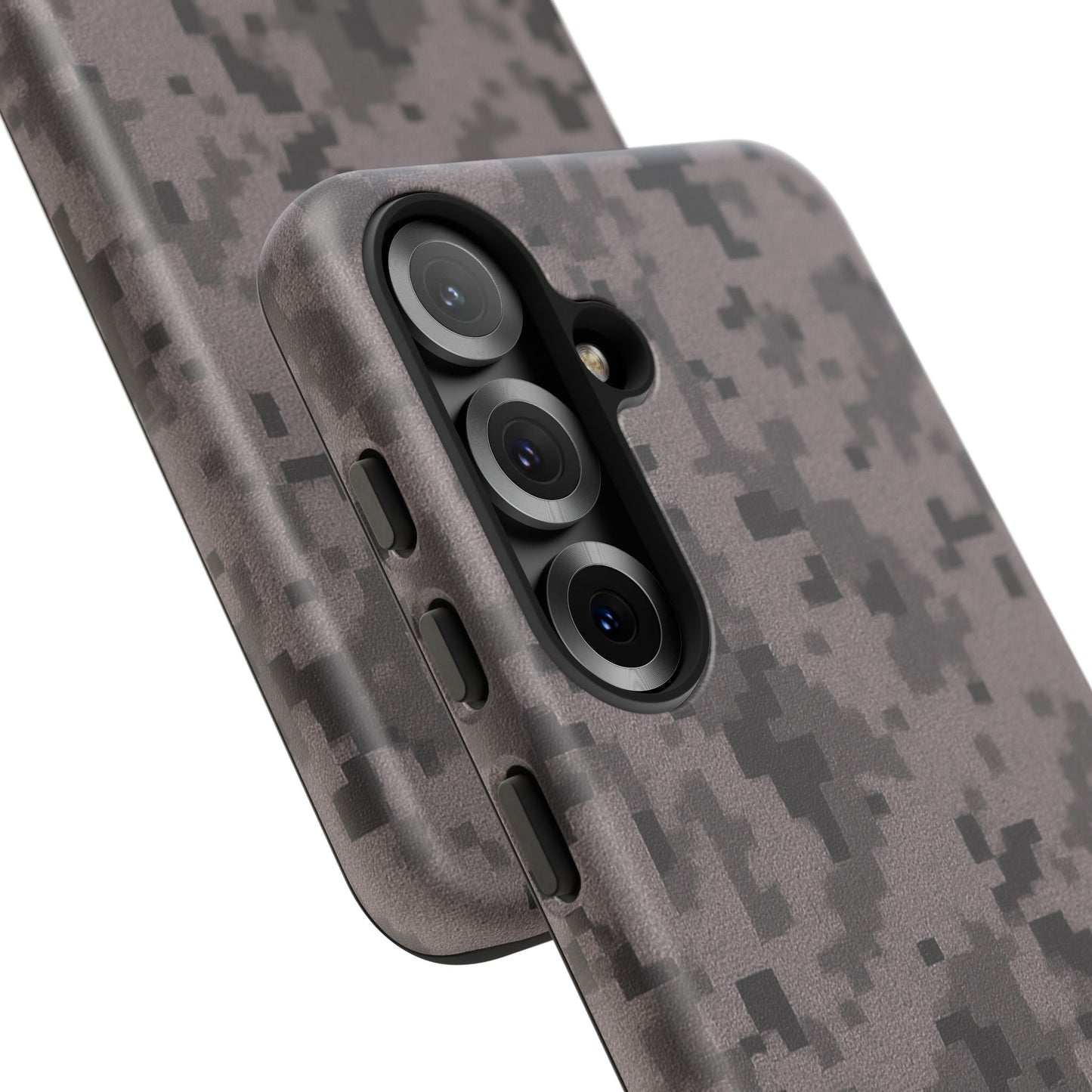 Gray digital camouflage phone case by Printify, showing a tough protective cover with gray camo pattern for smartphones.