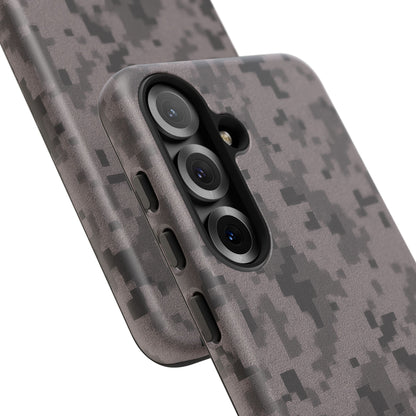 Gray digital camouflage phone case by Printify, showing a tough protective cover with gray camo pattern for smartphones.