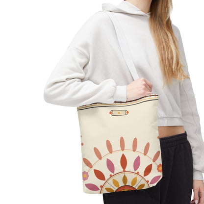 Boho floral mandala tote bag by Printify with pastel sunburst pattern, featuring a colorful, patterned fabric bag with handles.