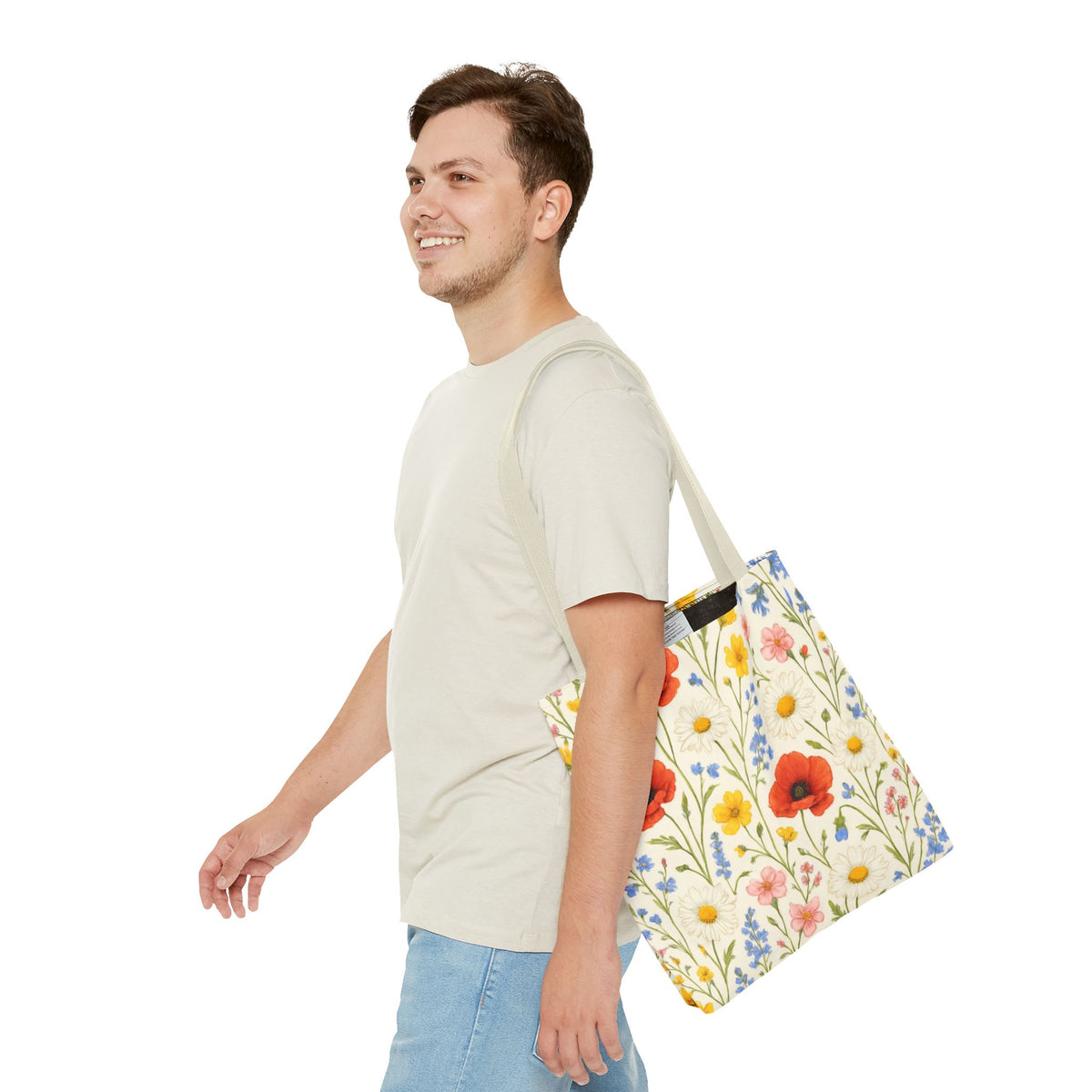 Wildflower Poppy print tote bag by Printify featuring a vibrant floral all-over pattern on durable fabric.