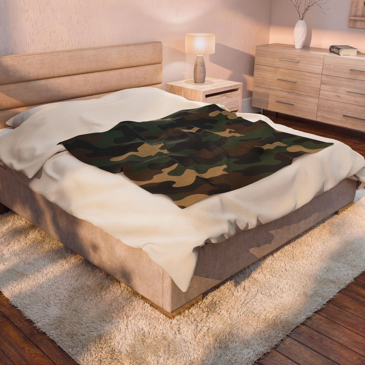 Camouflage velveteen plush blanket with all-over print, soft camo pattern for camping, hunting, or cozy home use.