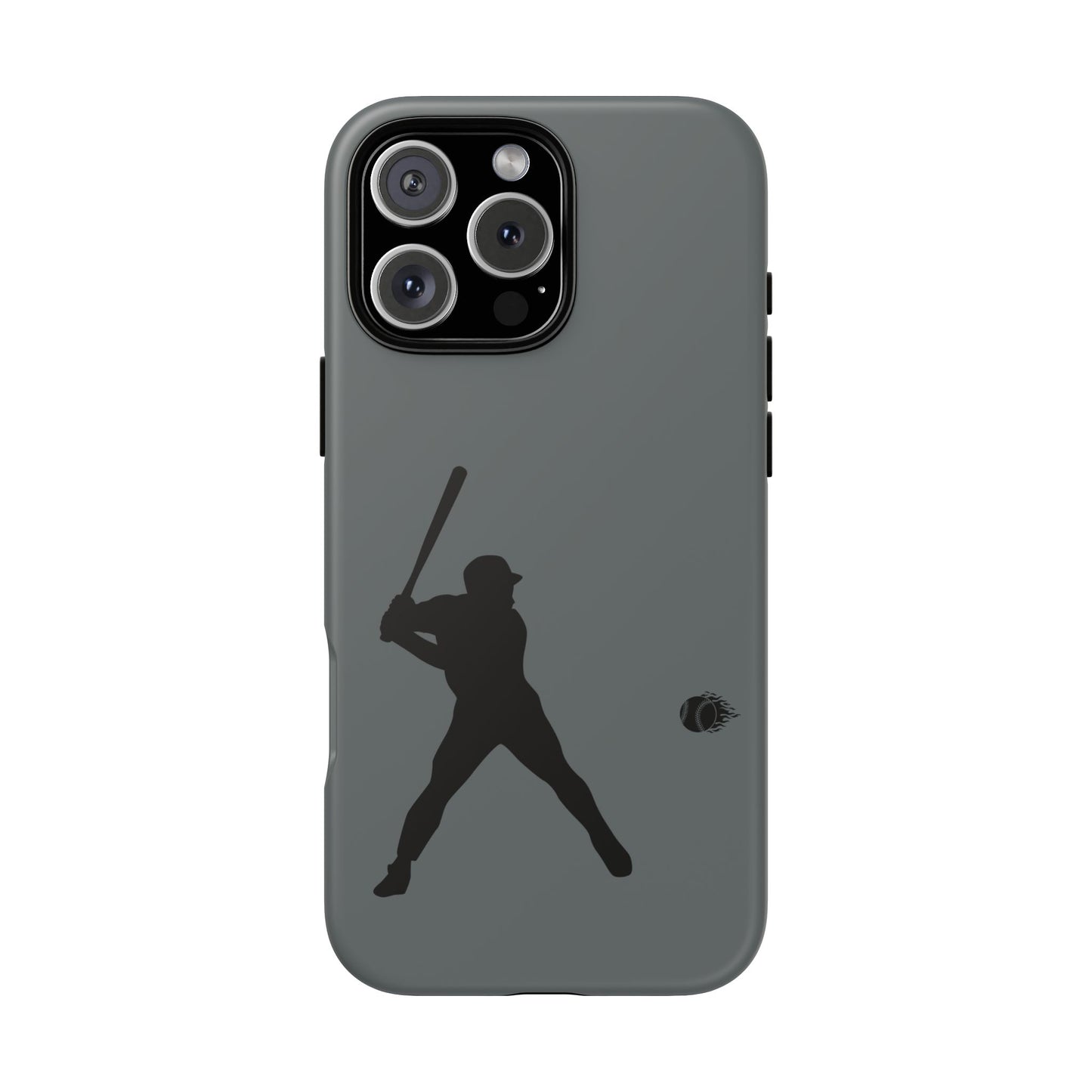 Black tough phone case with white baseball silhouette design for iPhone, providing sporty protection and durability.