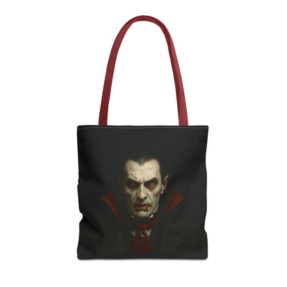 Black vampire tote bag with spooky gothic design, ideal for Halloween accessories, made by Printify.