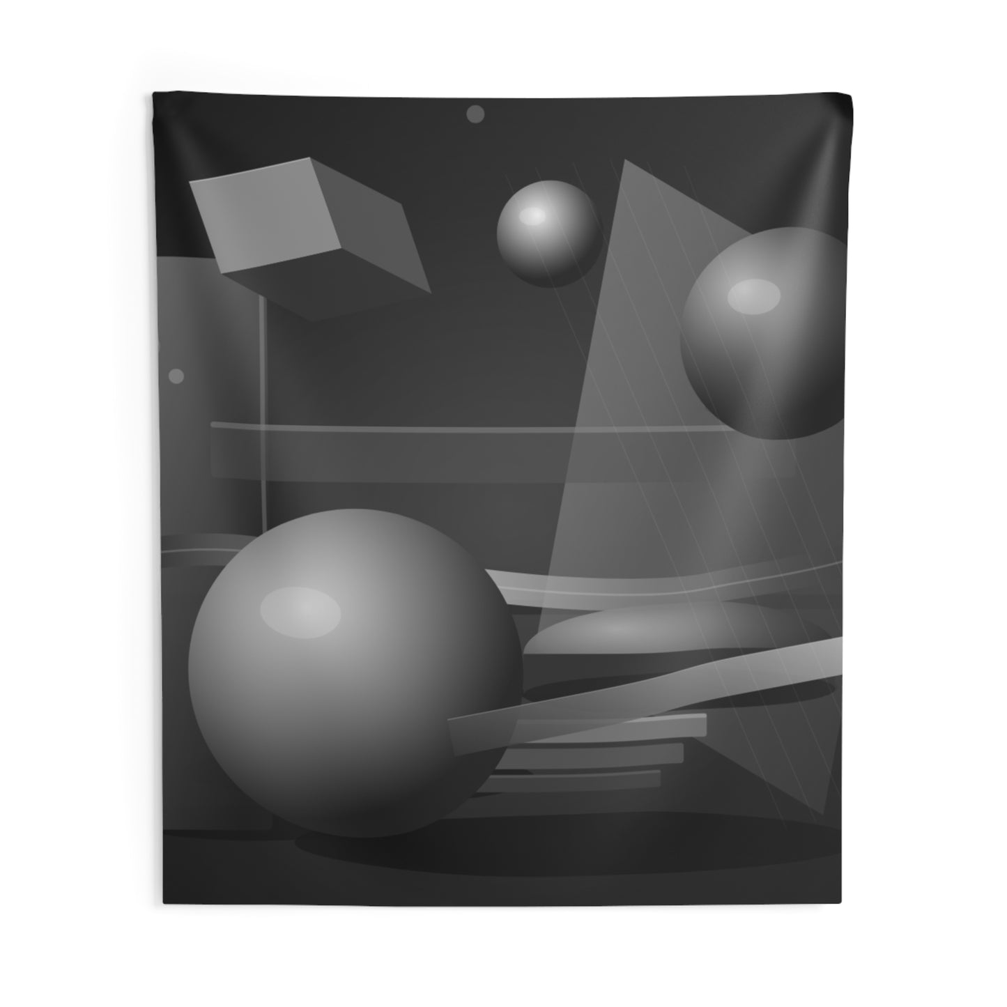 Abstract 3D Geometry Tapestry — Monochrome Floating Spheres & Cubes Wall Art
