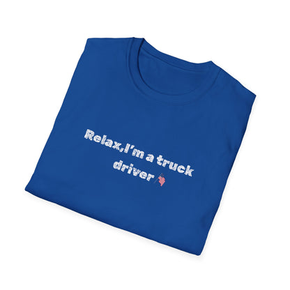 Pink heart graphic on a Relax, I'm a Truck Driver T-Shirt by Printify, featuring humorous trucker-themed design.