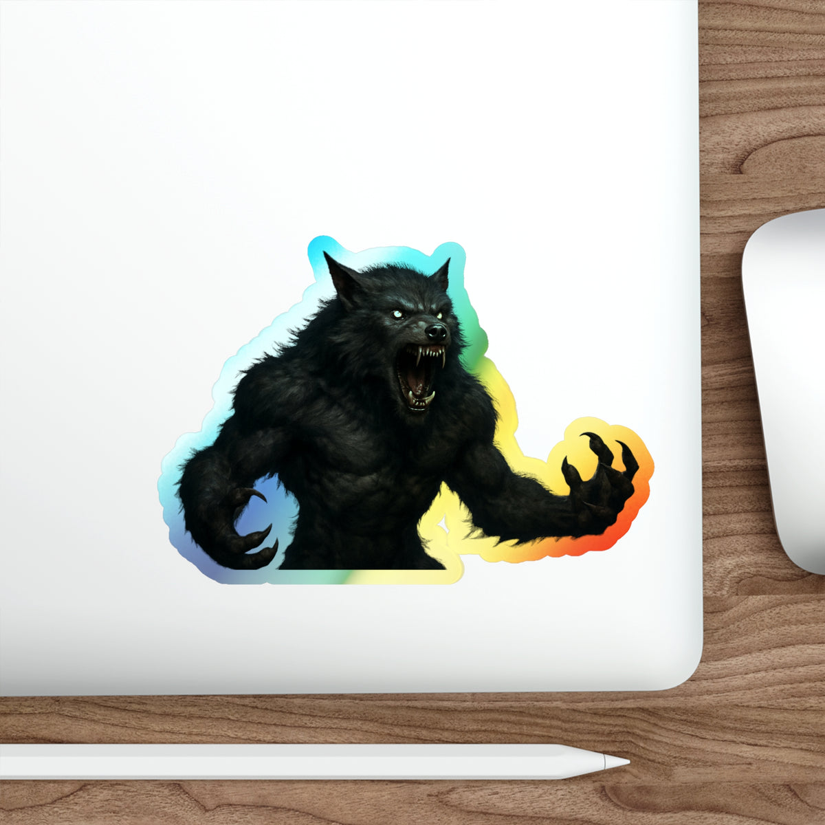 Holographic werewolf sticker with rainbow shimmer, die-cut paper product by Printify featuring a detailed werewolf design