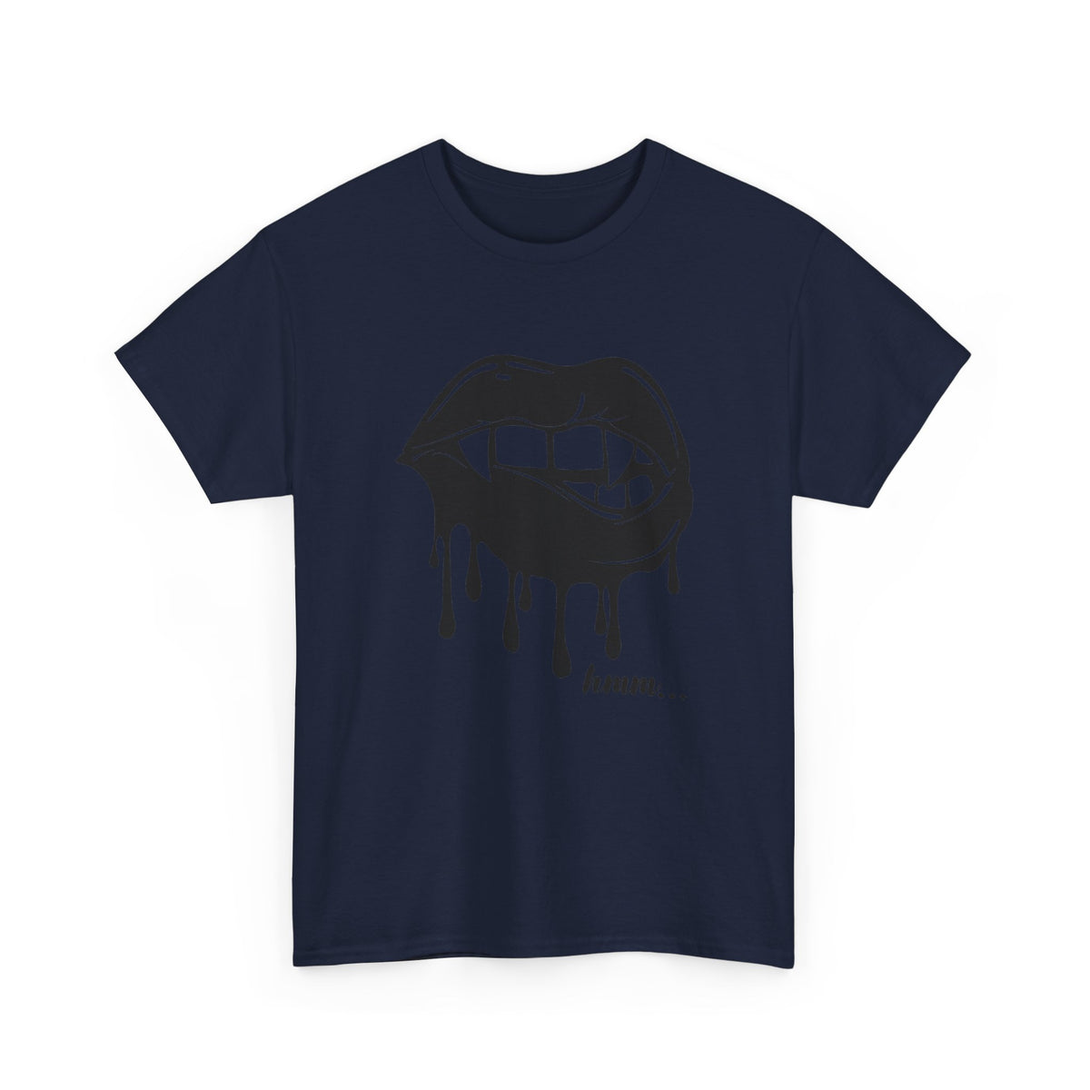 Graphic T-shirt featuring a dripping lips 'hmm...' bite design in black and white on a Printify branded tee.