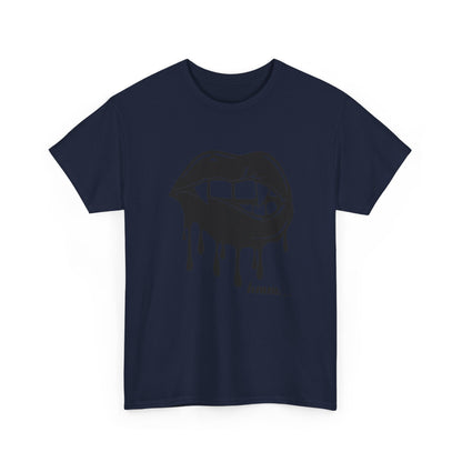 Graphic T-shirt featuring a dripping lips 'hmm...' bite design in black and white on a Printify branded tee.