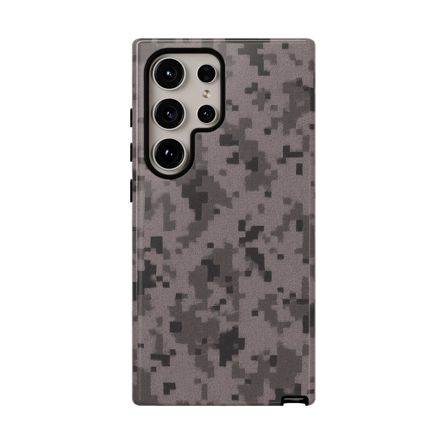 Gray digital camouflage phone case by Printify, showing a rugged protective cover with a gray camouflage pattern for smartphones.