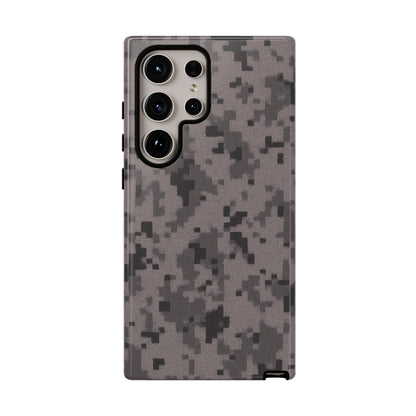 Gray digital camouflage phone case by Printify, showing a rugged protective cover with a gray camouflage pattern for smartphones.