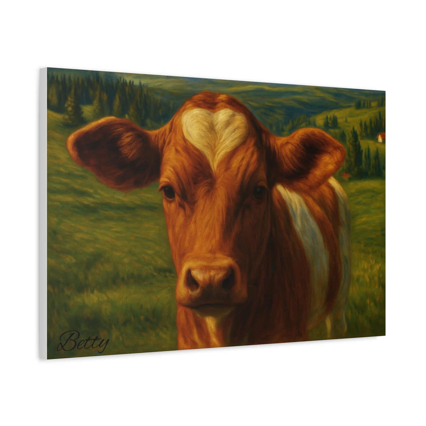 Cow portrait canvas print by Printify featuring a farm animal with a heart-shaped marking on its forehead, wall art for farmhouse decor.