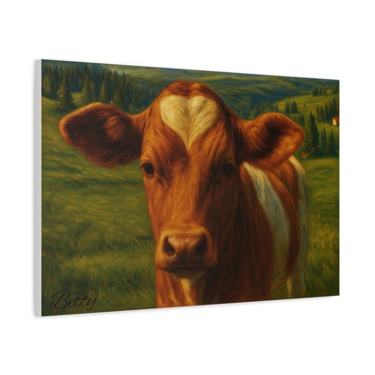 Cow portrait canvas print by Printify featuring a farm animal with a heart-shaped marking on its forehead, wall art for farmhouse decor.