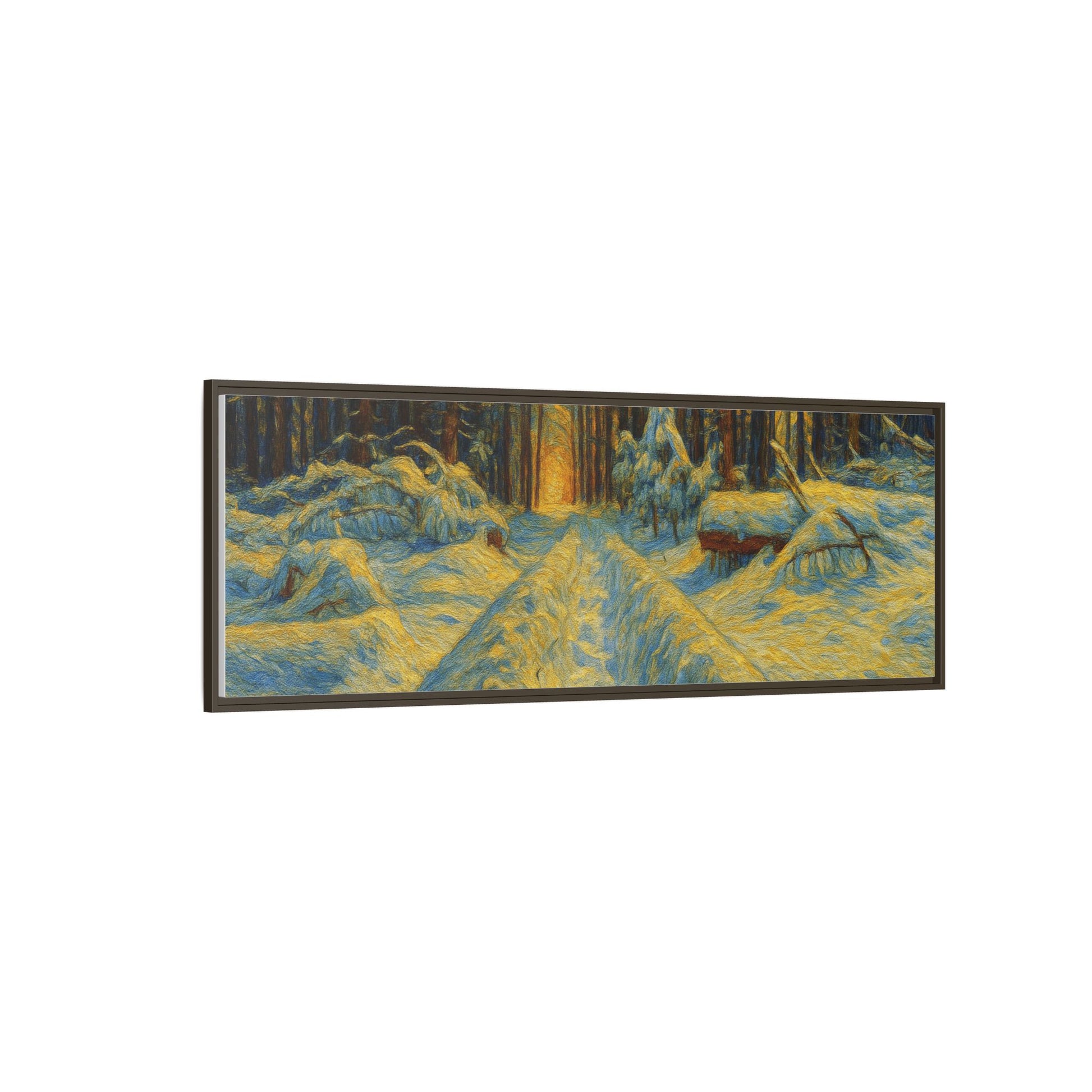 Framed matte canvas print of a snowy forest path at sunset, wall art by Printify showcasing winter landscape and nature scene.