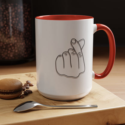 Minimal Korean finger heart accent mug by Printify, 11oz or 15oz ceramic coffee mug with simple heart design.