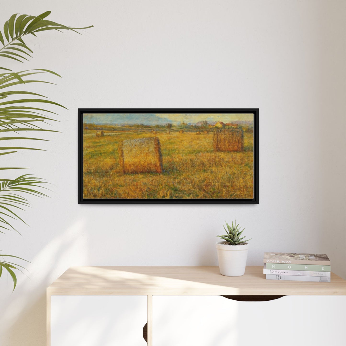Framed matte canvas wall art featuring a rustic hayfield landscape print by Printify, suitable for rustic or farmhouse decor.