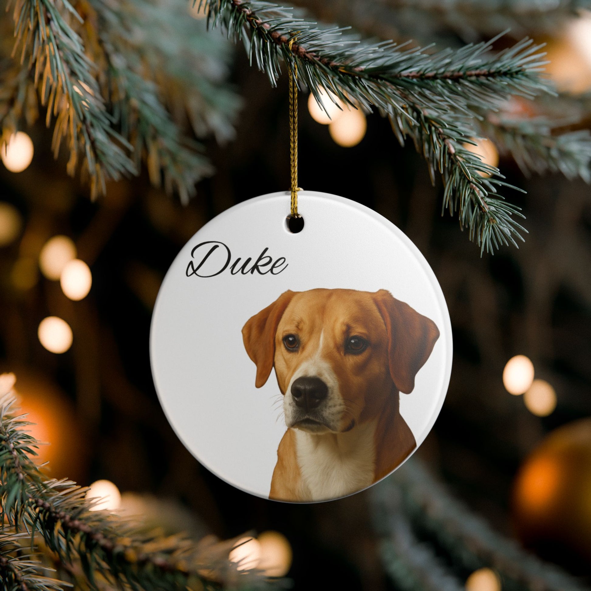 Personalized ceramic dog portrait ornament featuring a depiction of Duke, ideal for pet lovers and dog owners.