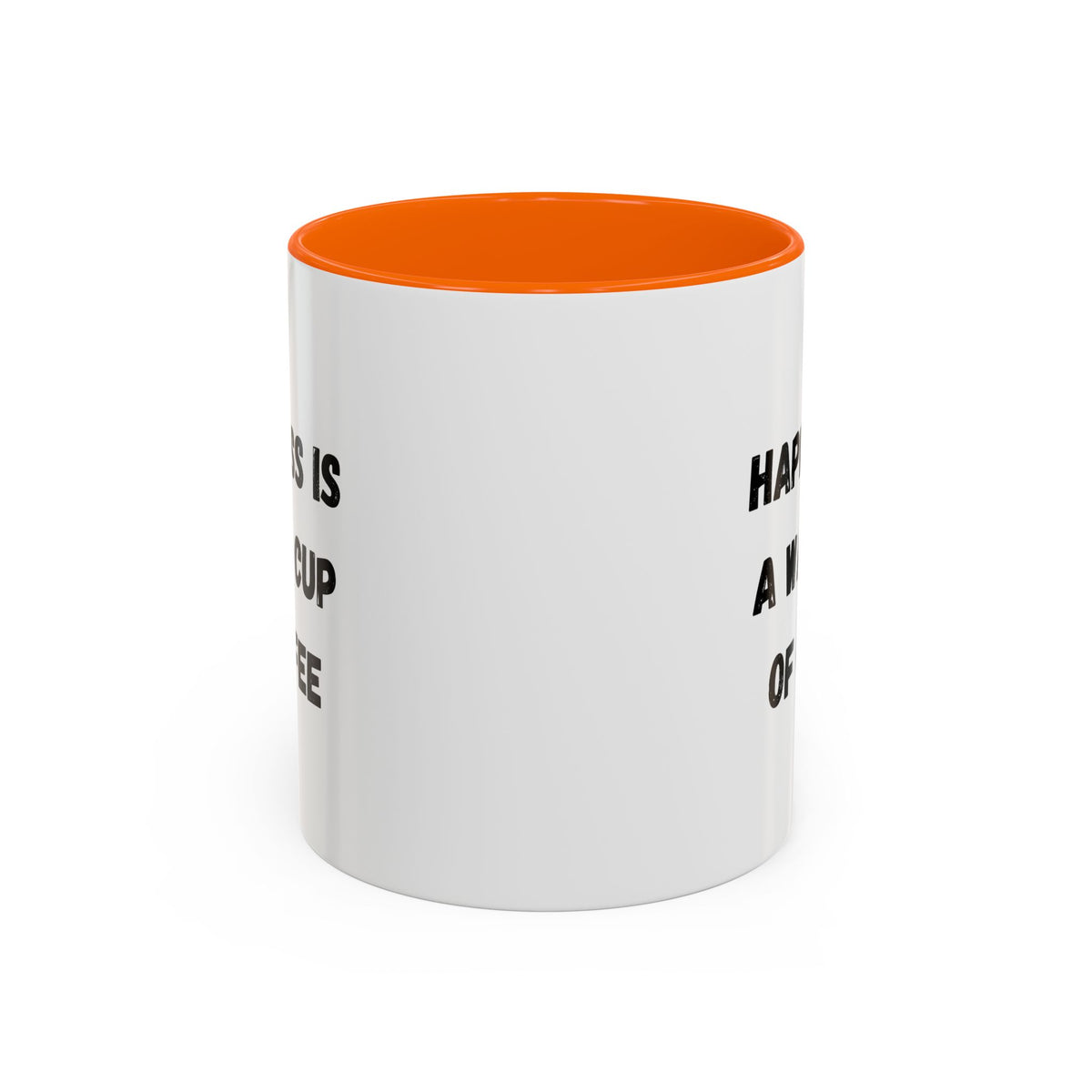 Ceramic coffee mug with "Happiness Is A Warm Cup Of Coffee" quote, featuring a white background and colorful text design.