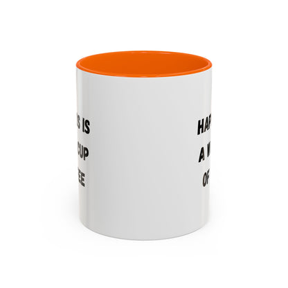 Ceramic coffee mug with "Happiness Is A Warm Cup Of Coffee" quote, featuring a white background and colorful text design.