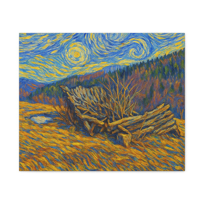 Impressionist Starry Landscape canvas print by Printify showing a vibrant night sky over a scenic landscape.