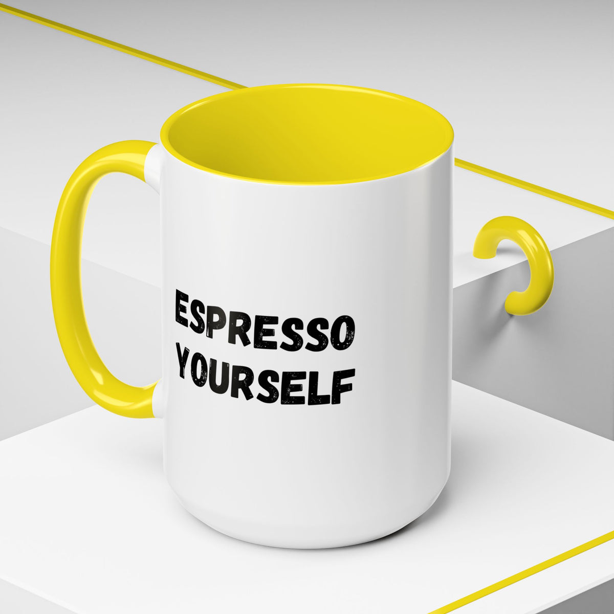Printify Espresso Yourself coffee mug with humorous design, available in 11 oz and 15 oz sizes, perfect for coffee lovers.