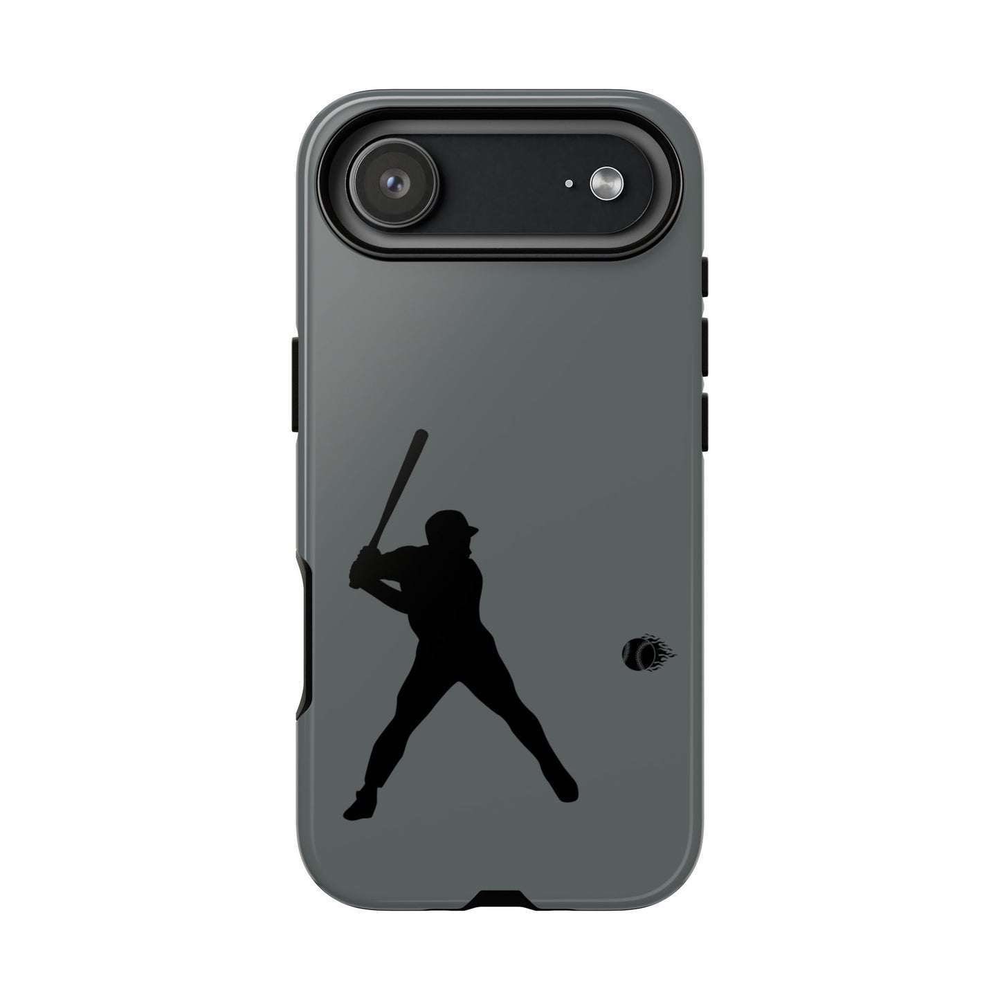 Black baseball silhouette tough phone case for iPhone, featuring sporty design and protective build by Printify.