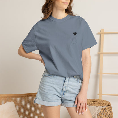 Black T-shirt with a minimal white finger heart graphic design, featuring the Printify logo on the front.