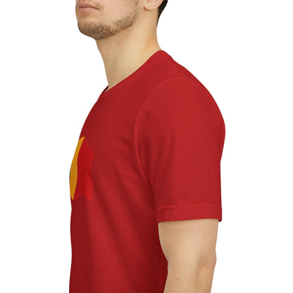 Romania flag T-shirt by Printify featuring a minimal waving tricolor design, casual fit and comfortable fabric.