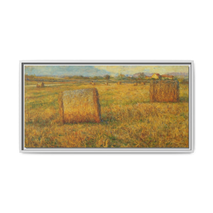 Rustic hayfield landscape canvas wall art by Printify, framed matte print showcasing a peaceful rural scene.