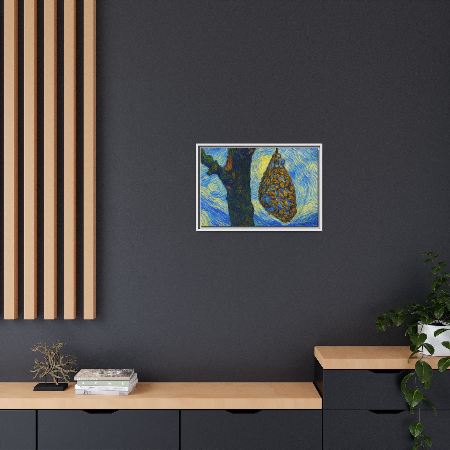 Framed matte canvas art featuring a starry nut cluster and dried plum in a tree, printed by Printify.