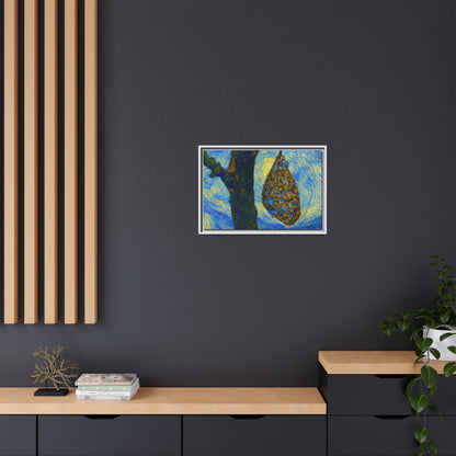 Framed matte canvas art featuring a starry nut cluster and dried plum in a tree, printed by Printify.