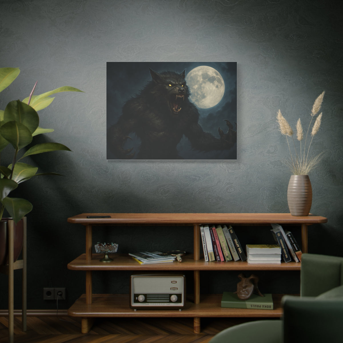 Spooky full moon werewolf moon matte canvas print wall art, featuring a haunting moon scene on a high-quality canvas.