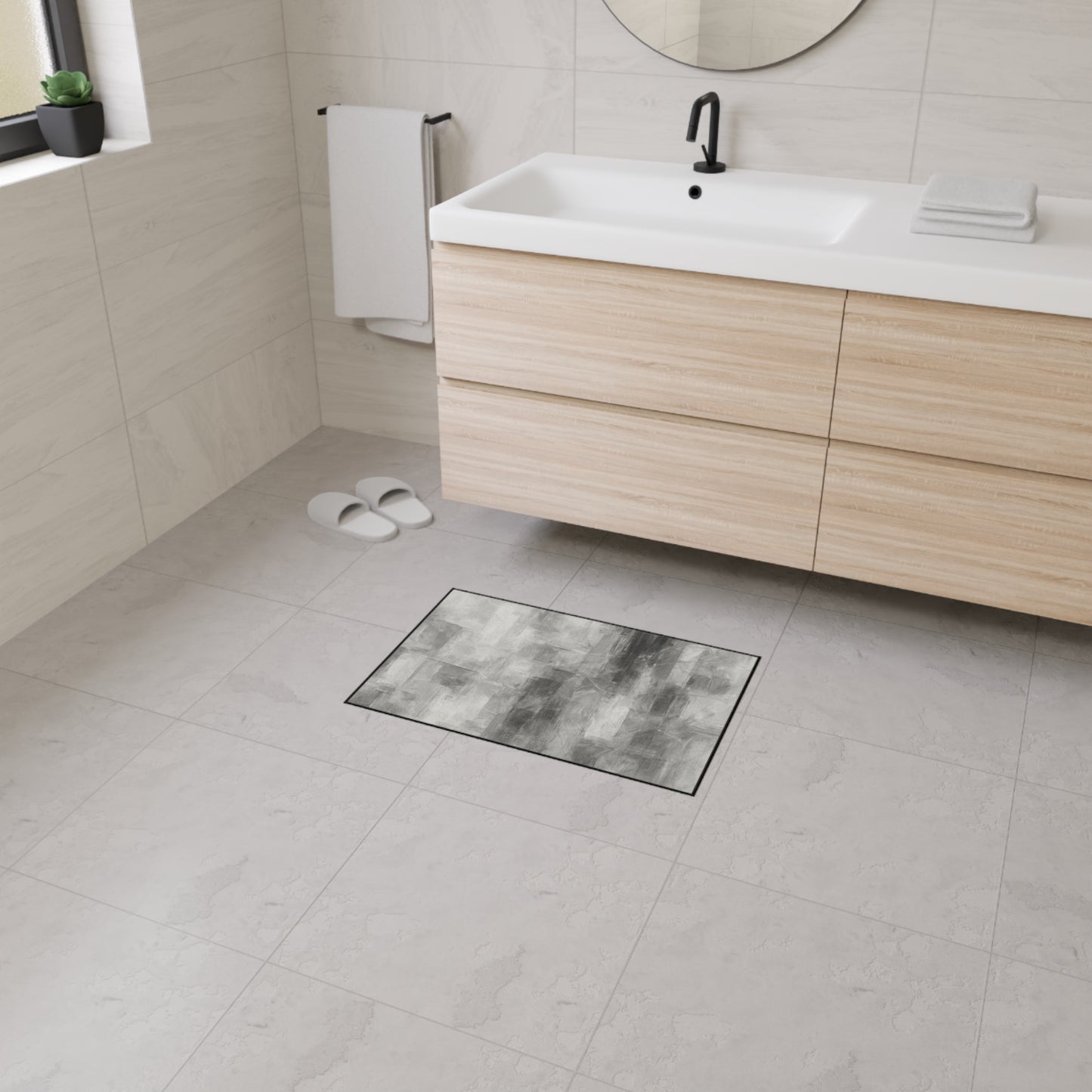 Modern abstract print floor mat by Printify, heavy-duty rug for kitchen or entryway with vibrant, contemporary design.