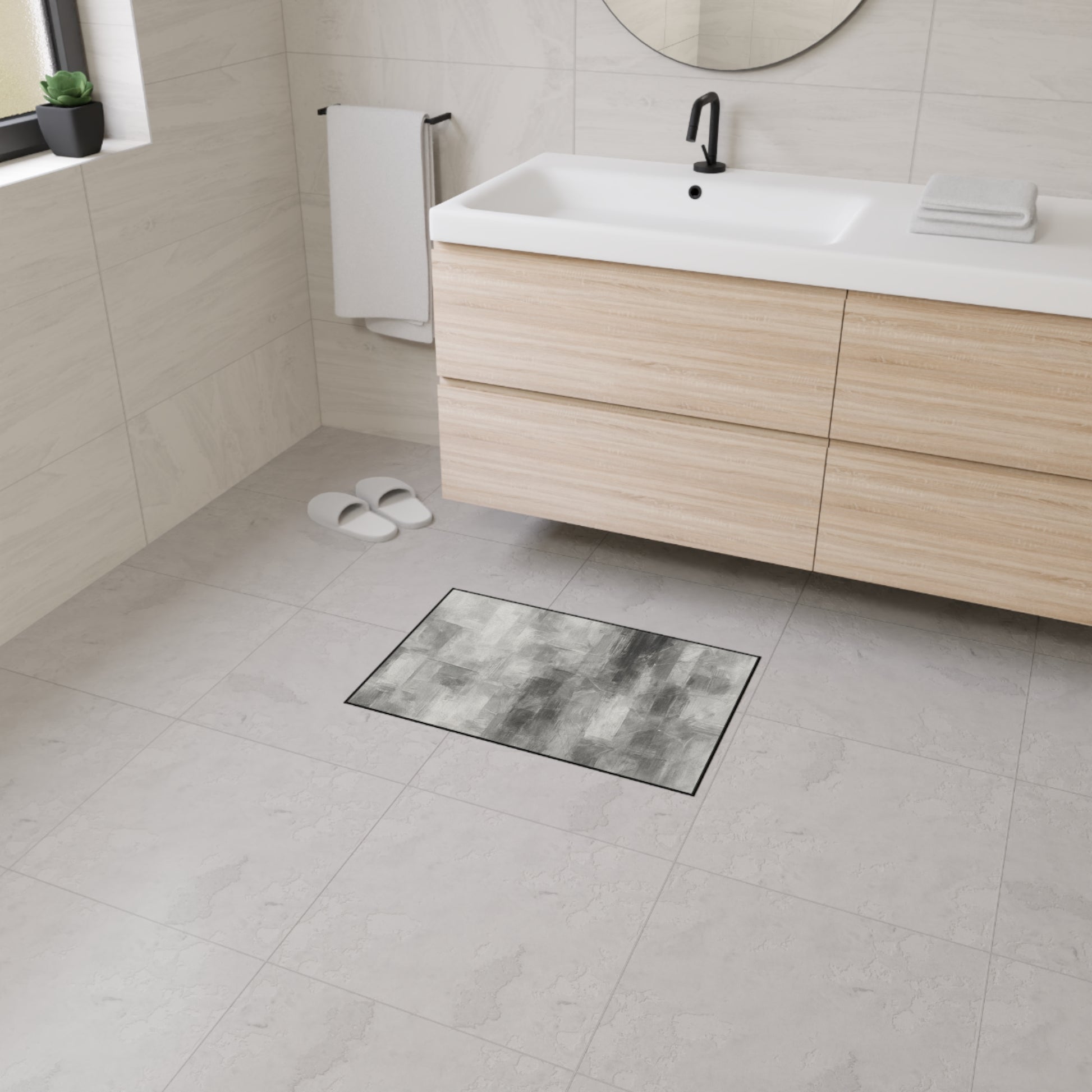 Modern abstract print floor mat by Printify, heavy-duty rug for kitchen or entryway with vibrant, contemporary design.