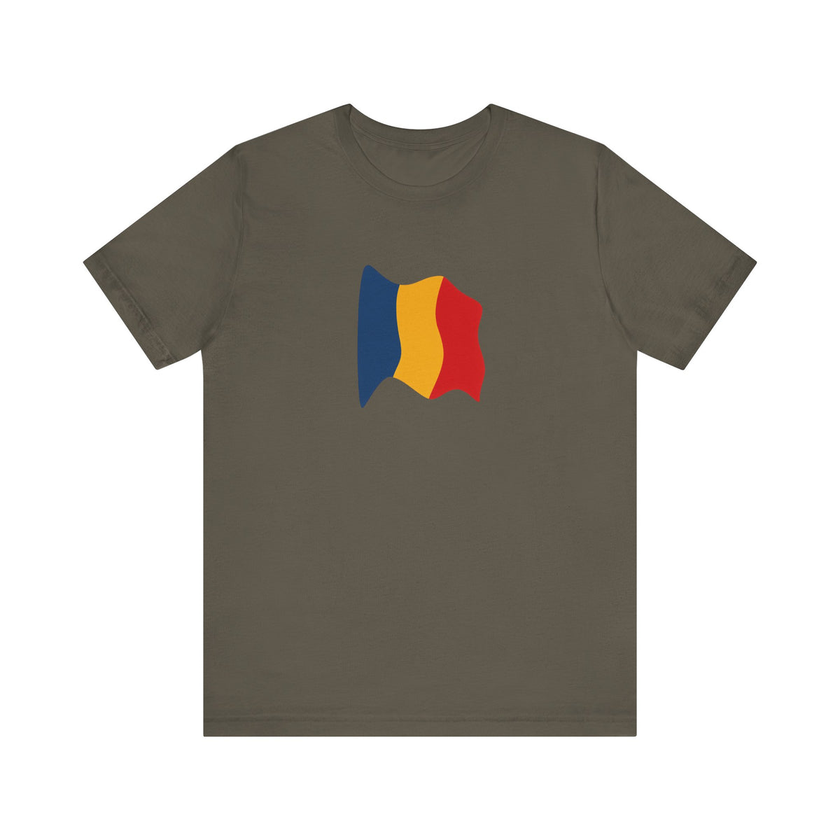 Romania flag T-shirt by Printify featuring a minimal waving tricolor design on a casual tee.
