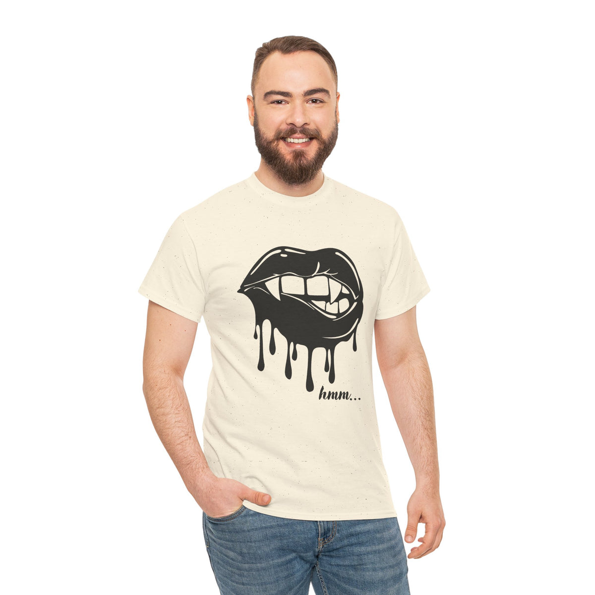 Black graphic T-shirt by Printify featuring dripping lips and "hmm..." bite design on the front.