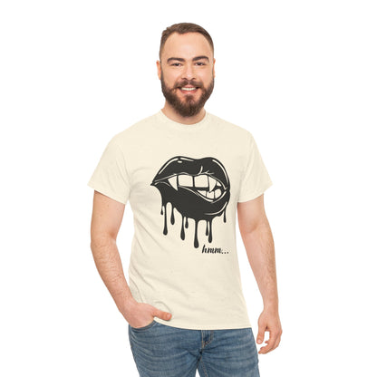 Black graphic T-shirt by Printify featuring dripping lips and "hmm..." bite design on the front.